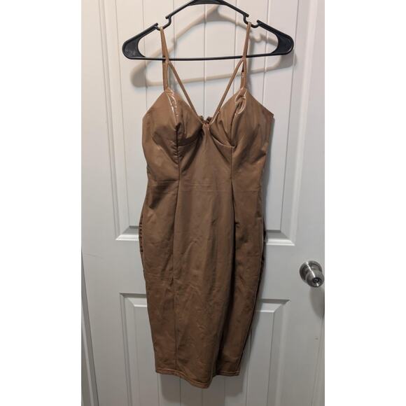 Kaylee Kollection Brown Mocha Faux Leather Bodycon Sexy Party Slip Dress Size M - Picture 1 of 8